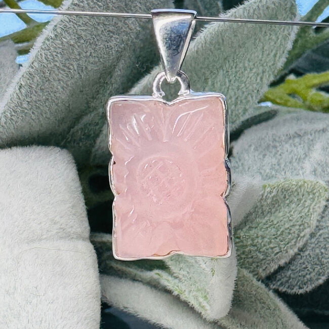 Rose Quartz Pendants - Flower Carving Rectangle - Bezel Set Sterling Silver