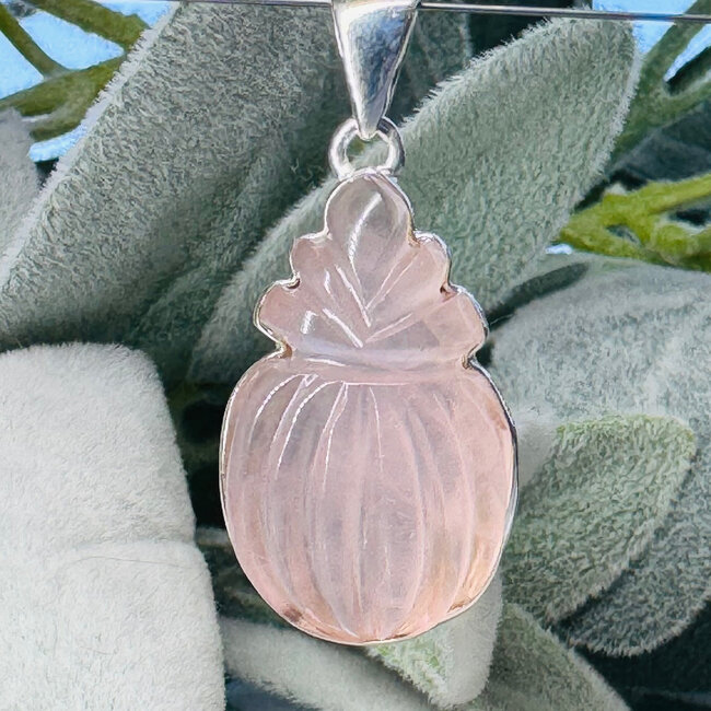 Rose Quartz Pendants - Flower Carving Round - Bezel Set Sterling Silver