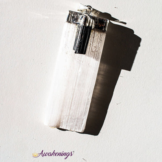 Selenite (Satin Spar Gypsum) & Black Tourmaline Pendants - Flat Blade Rough Raw Natural - Silver Plated Cap 2"