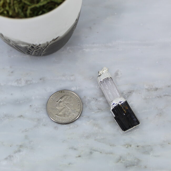 Selenite (Satin Spar Gypsum) & Black Tourmaline Pendants - Stacked Rough Raw Natural - Silver Plated 1-2"