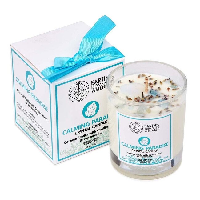 Calming Paradise Crystal Candle - Opalite Aquamarine - Coconut Vanilla - Earth's Elements