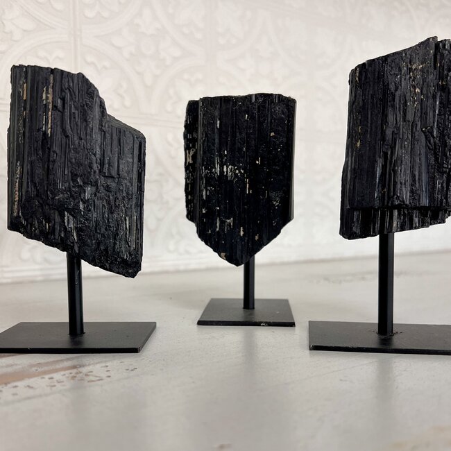 Black Tourmaline on Black Metal Stands Pins - Large 4-5.5" Display Specimen