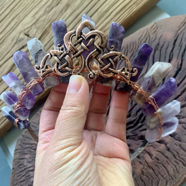 Amethyst Tiara Crown - Rough Points, Celtic (Bronze Plated) - Crystal Headband Hair Accessories
