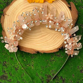 Rose Quartz Crown Tiara -  Flowers & Pearls (Gold Plated) Crystal Headband Hair Accessories