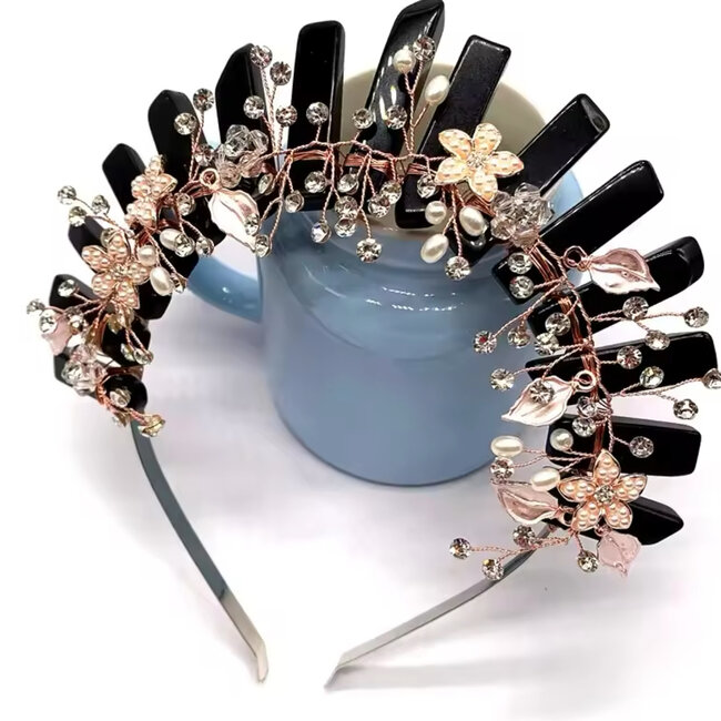 Black Obsidian Crown Tiara -  Flowers & Pearls (Gold Plated) Crystal Headband Hair Accessories