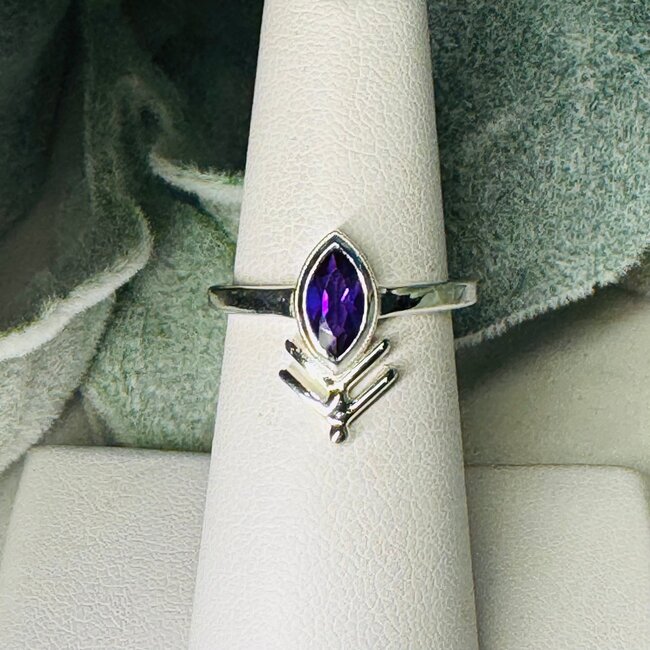 Amethyst Rings - Size 5 Faceted Marquise 'Wheat' Bezel Set - Sterling Silver
