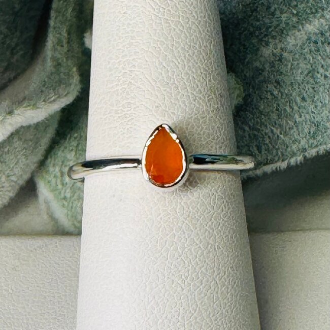 Carnelian Rings - Size 7 Teardrop Pear Faceted Stackable - Bezel Set Sterling Silver