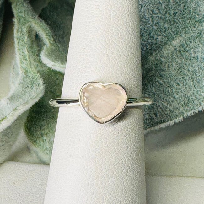 Rose Quartz Rings - Size 8 Heart Bezel Set - Sterling Silver