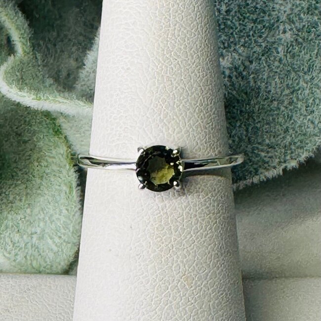 Moldavite Rings - Size 10 Round Circle Faceted - Claw Set Sterling Silver