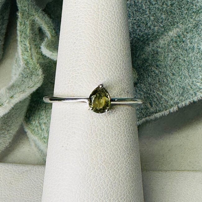 Moldavite Rings - Size 7 Teardrop Pear Faceted - Claw Set Sterling Silver