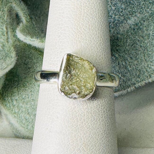 Moldavite Rings - Size 6 Rough Bezel Set - Sterling Silver Raw Natural