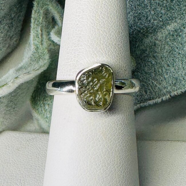 Moldavite Rings - Size 6 Rough #1 Bezel Set - Sterling Silver Raw Natural