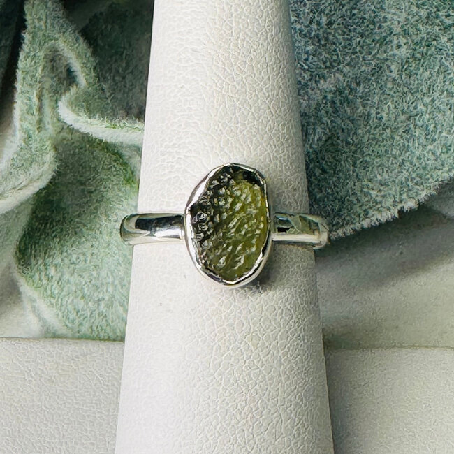 Moldavite Rings - Size 7 Rough Bezel Set - Sterling Silver Raw Natural