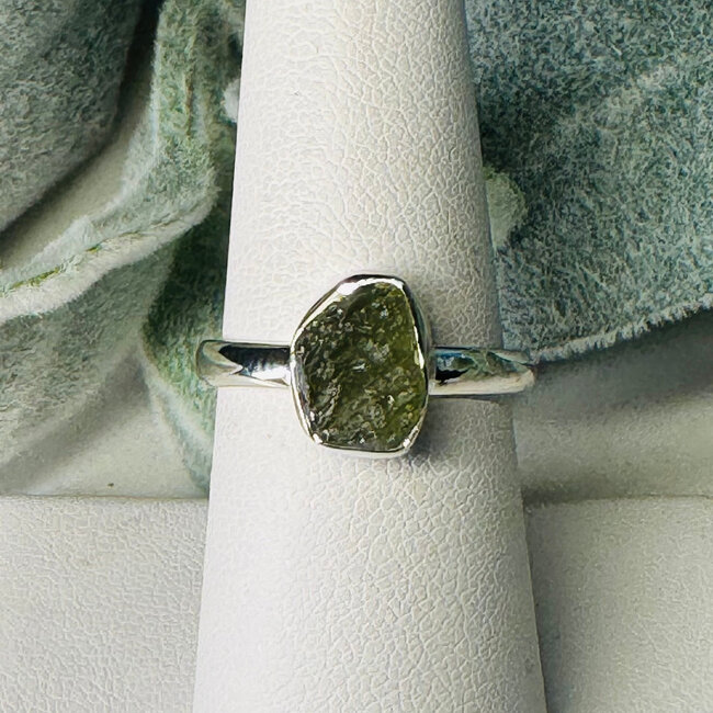 Moldavite Rings - Size 8 Rough Bezel Set - Sterling Silver Raw Natural