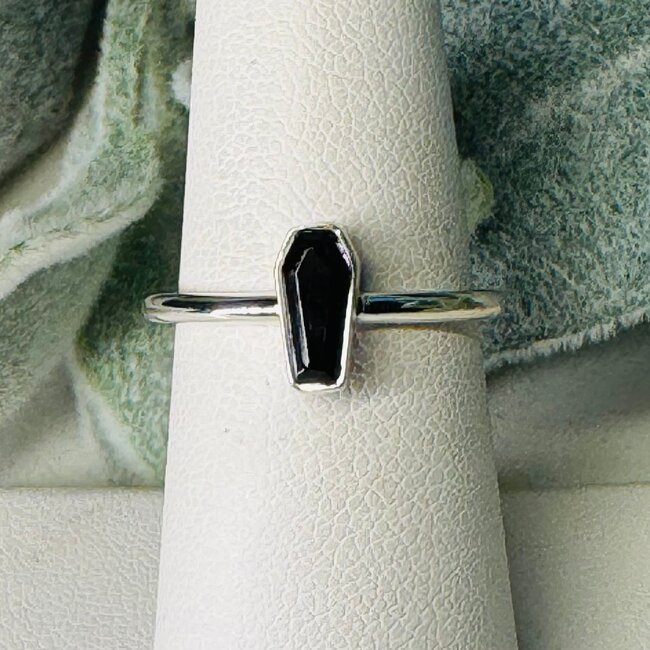 Black Tourmaline Rings - Size 7 Coffin Bezel Set - Sterling Silver