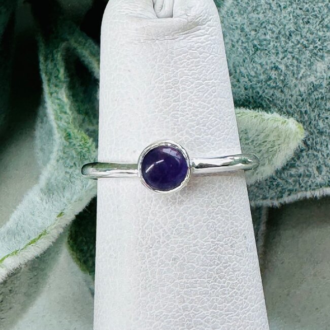 Amethyst Rings - Size 4 Round Circle Stackable - Bezel Set Sterling Silver