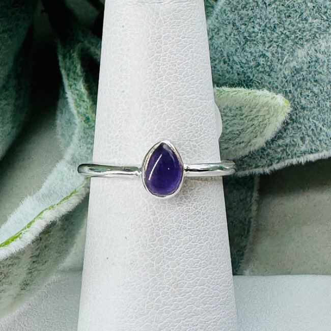 Amethyst Rings - Size 6 Teardrop Pear Stackable - Bezel Set Sterling Silver