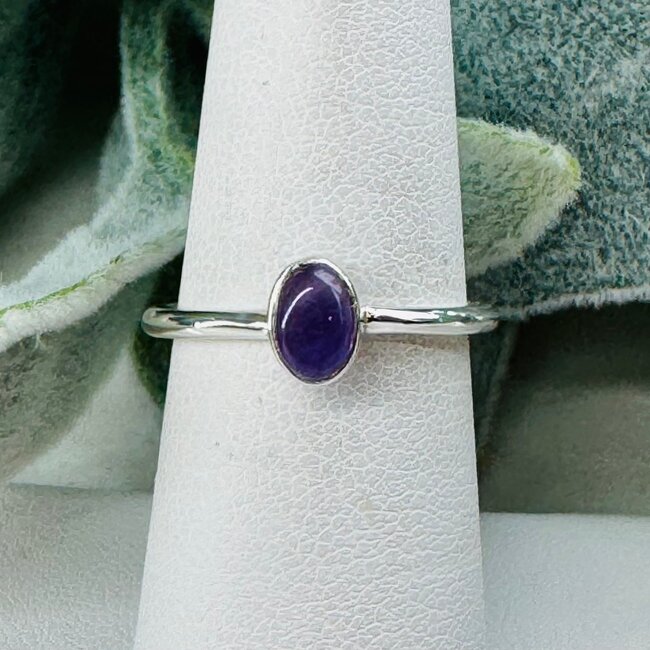 Amethyst Rings - Size 7 Oval Stackable - Bezel Set Sterling Silver