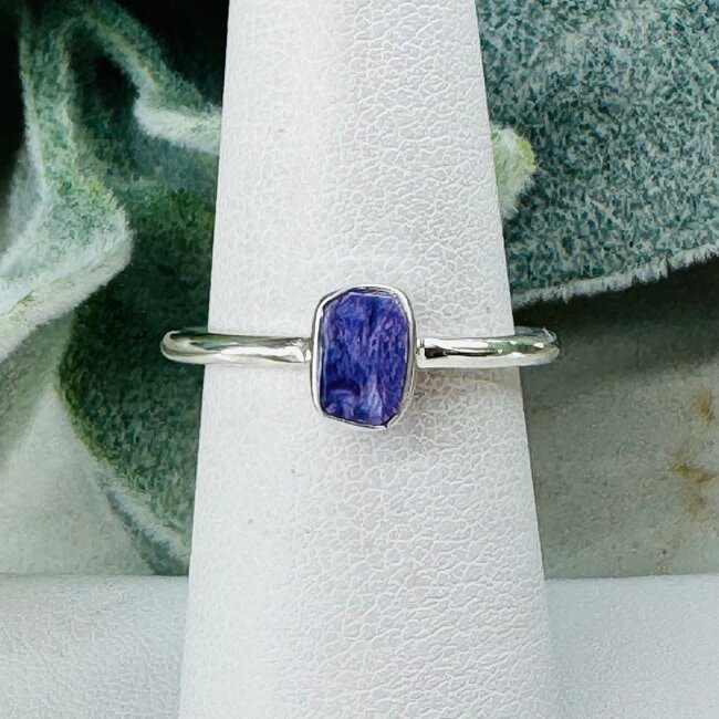 Charoite Rings - Size 8 Rough Raw Natural Stackable - Bezel Set Sterling Silver