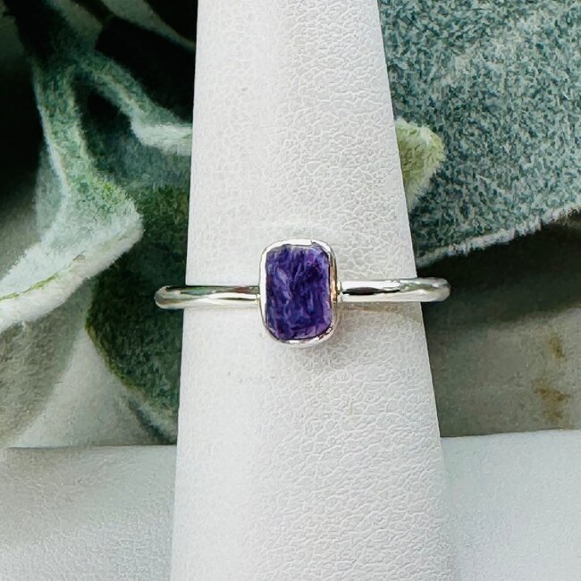 Charoite Rings - Size 9 Rough Raw Natural Stackable - Bezel Set Sterling Silver