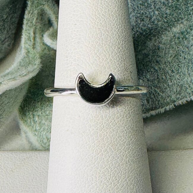 Black Tourmaline Rings - Size 6 Crescent Moon Stackable - Bezel Set Sterling Silver