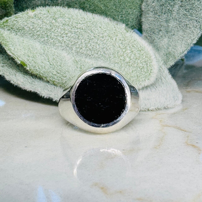 Black Tourmaline Men's Rings - Size 8 Round Circle Bezel Set - Sterling Silver