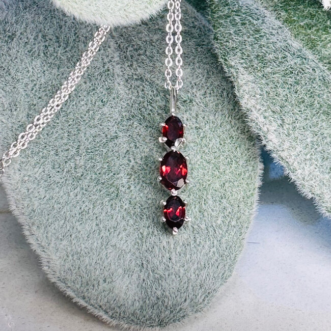 Red Garnet Necklace - Drop Triple Oval Faceted - Dainty Chain 16-18" - Prong Claw Set Sterling Silver