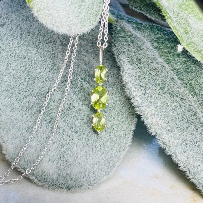 Peridot Necklace - Drop Triple Oval Faceted - Dainty Chain 16-18" - Prong Claw Set Sterling Silver