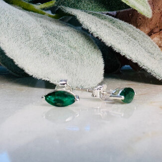 Emerald Earrings - Marquise Faceted Studs - Prong Claw Set Sterling Silver Push Back