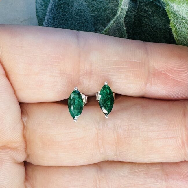Emerald Earrings - Marquise Faceted Studs - Prong Claw Set Sterling Silver Push Back