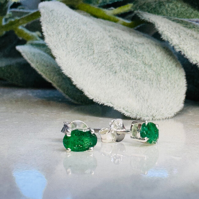 Emerald Earrings - Oval Faceted Studs - Prong Claw Set Sterling Silver Push Back (AAA Grade)