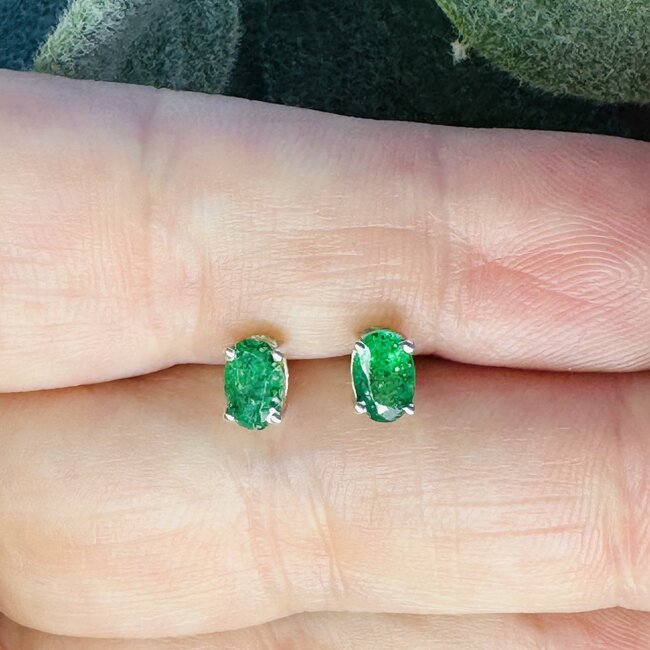 Emerald Earrings - Oval Faceted Studs - Prong Claw Set Sterling Silver Push Back (AAA Grade)