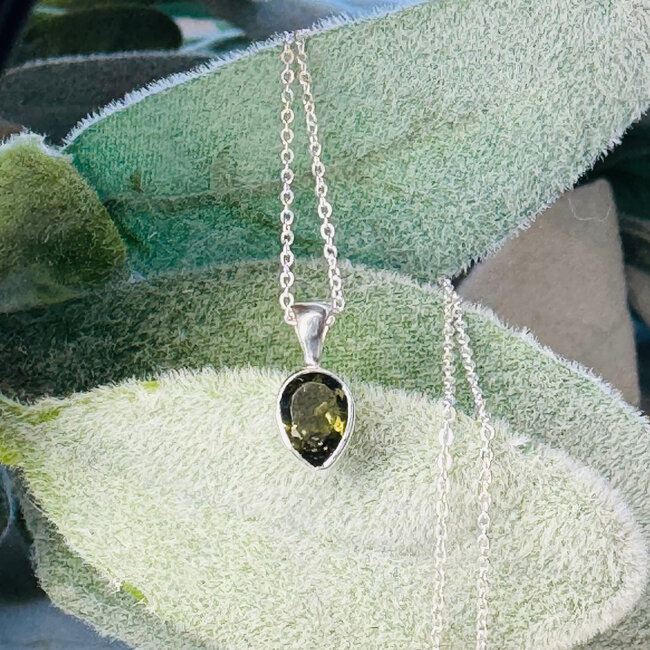 Moldavite Necklaces - Teardrop Pear Faceted Bezel Set - Sterling Silver 16-18" Dainty Chain