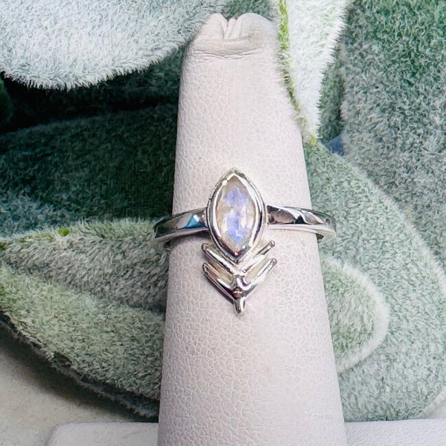 Rainbow Moonstone Rings - Size 4 Faceted Marquise 'Wheat' Bezel Set - Sterling Silver