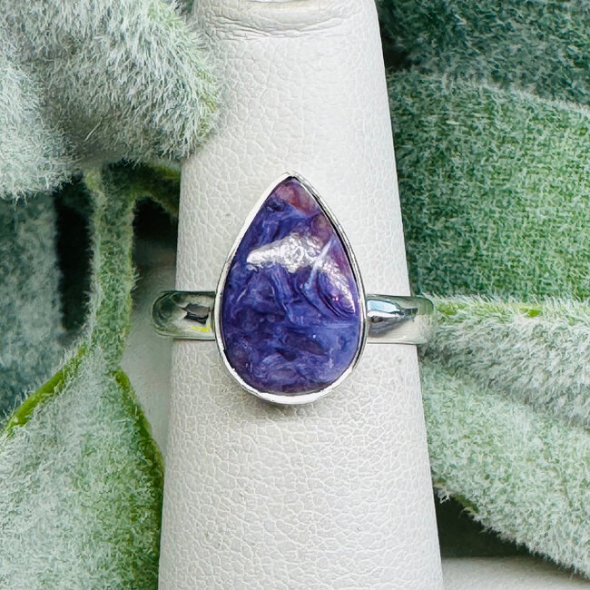 Charoite Rings - Size 6 Teardrop Pear Bezel Set - Sterling Silver