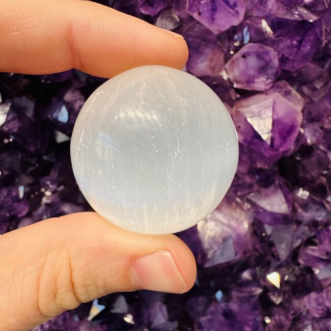 Selenite (Satin Spar Gypsum) Sphere Orb - 35-40mm & Sphere Stand