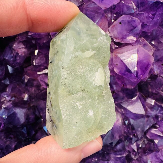 Green Prehnite (Epidote Inclusion) Tower Point Generator - Half Raw/Half Polished - Medium (2-4") Tourmalinated Rutile