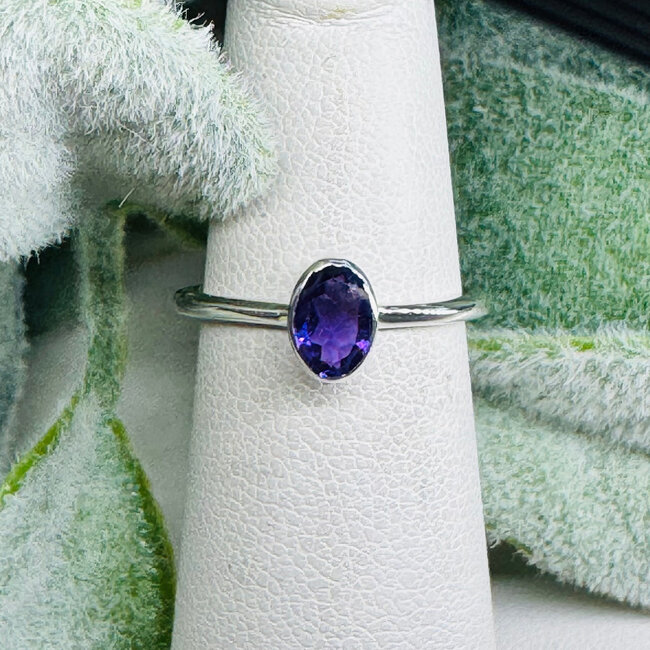 Amethyst Rings - Size 7 Oval Faceted Stackable - Bezel Set Sterling Silver