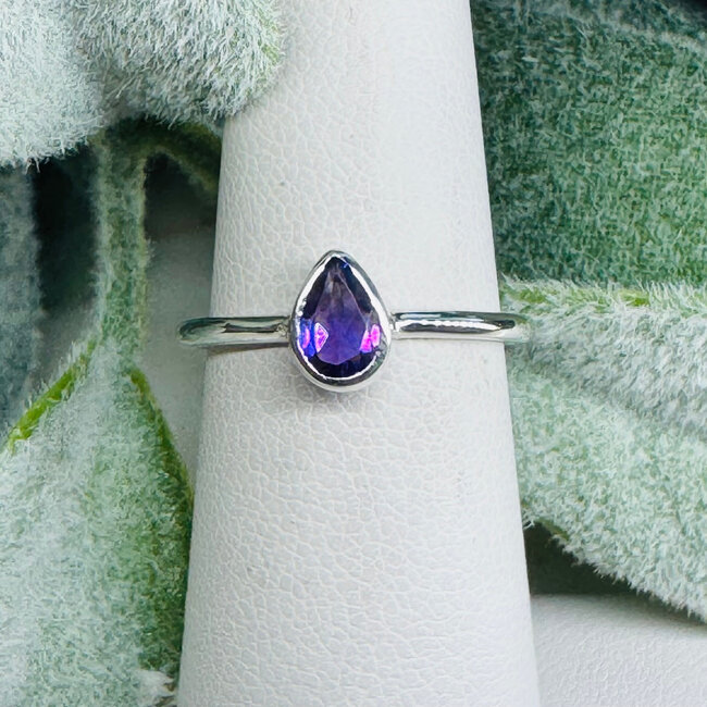Amethyst Rings - Size 7 Teardrop Pear Faceted Stackable - Bezel Set Sterling Silver