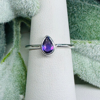 Amethyst Rings - Size 6 Teardrop Pear Faceted Stackable - Bezel Set Sterling Silver