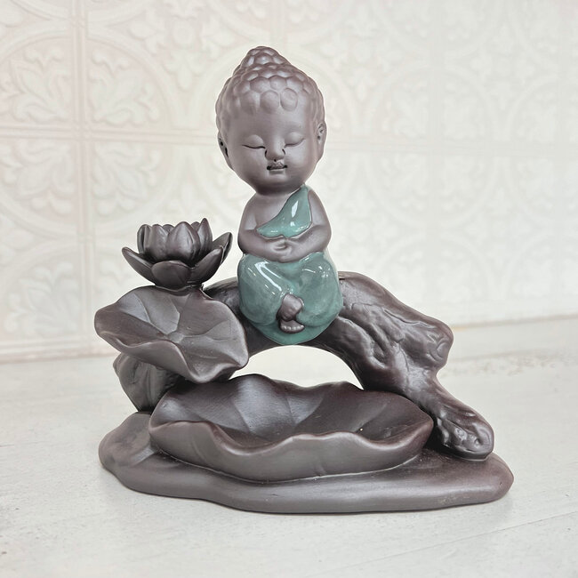Backflow Reverse Flow Incense Cone Stick Burner - Praying Teal Buddha on Log with Lotus Flower and Leaves Ceramic Clay Plate