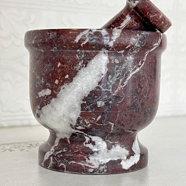 Mortar & Pestle on Pedestal - Red Marble Zebra 4"