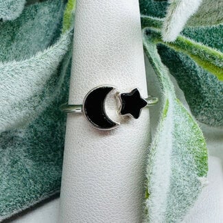 Black Tourmaline Rings - Size 6 Crescent Moon & Star - Bezel Set Sterling Silver