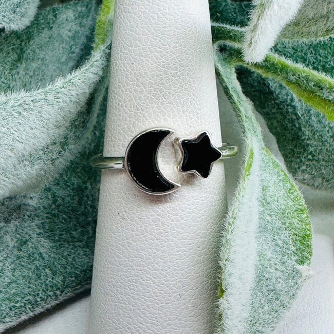 Black Tourmaline Rings - Size 5 Crescent Moon & Star - Bezel Set Sterling Silver