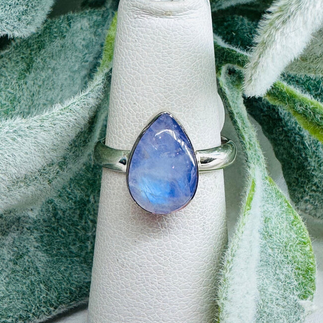 Purple Rainbow Moonstone Rings - Size 6 Teardrop Pear Bezel Set - Sterling Silver