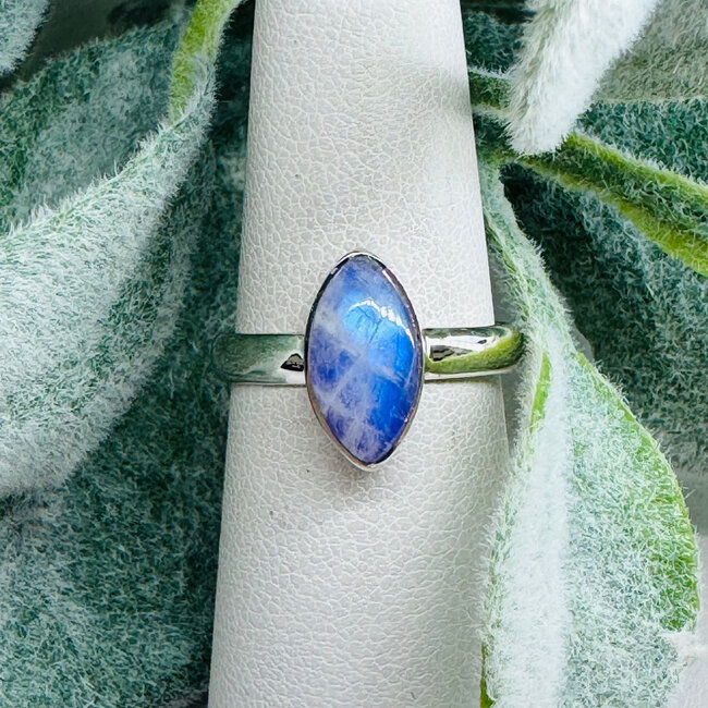 Purple Rainbow Moonstone Rings - Size 7 Marquise Bezel Set - Sterling Silver