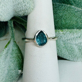 Blue Fluorite Rings - Size 7 Teardrop Pear Faceted Bezel Set - Sterling Silver