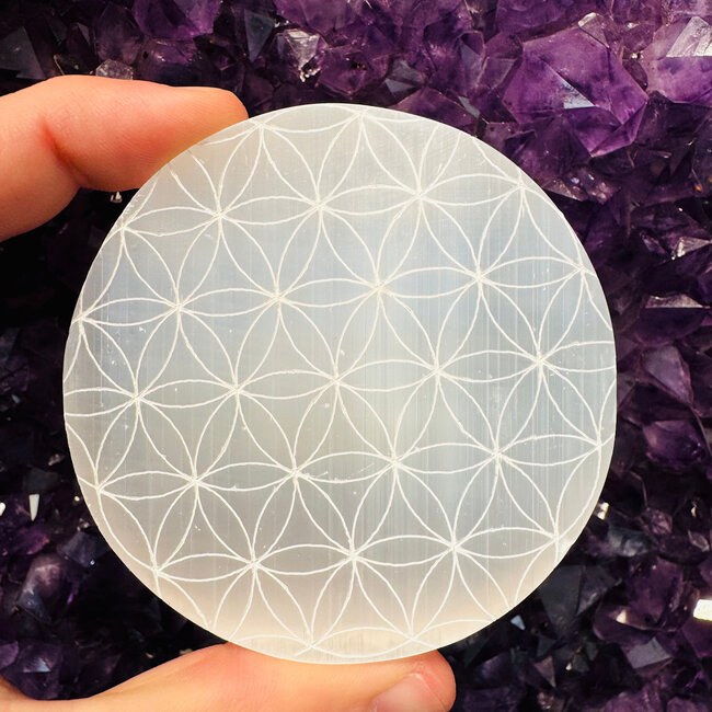 Selenite (Satin Spar Gypsum) Charging Disks Plates - Small Flower of Life Round Circular