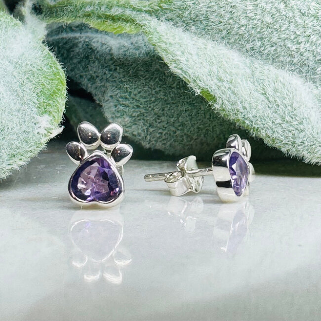 Amethyst Earrings - Dog Paws Studs - Faceted Bezel Set Sterling Silver