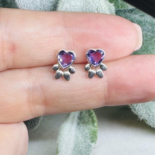Amethyst Earrings - Dog Paws Studs - Faceted Bezel Set Sterling Silver